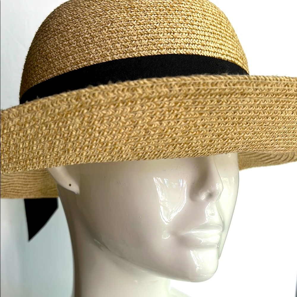 Wide Brim Straw Hat with Black Band Tan Sun Hat